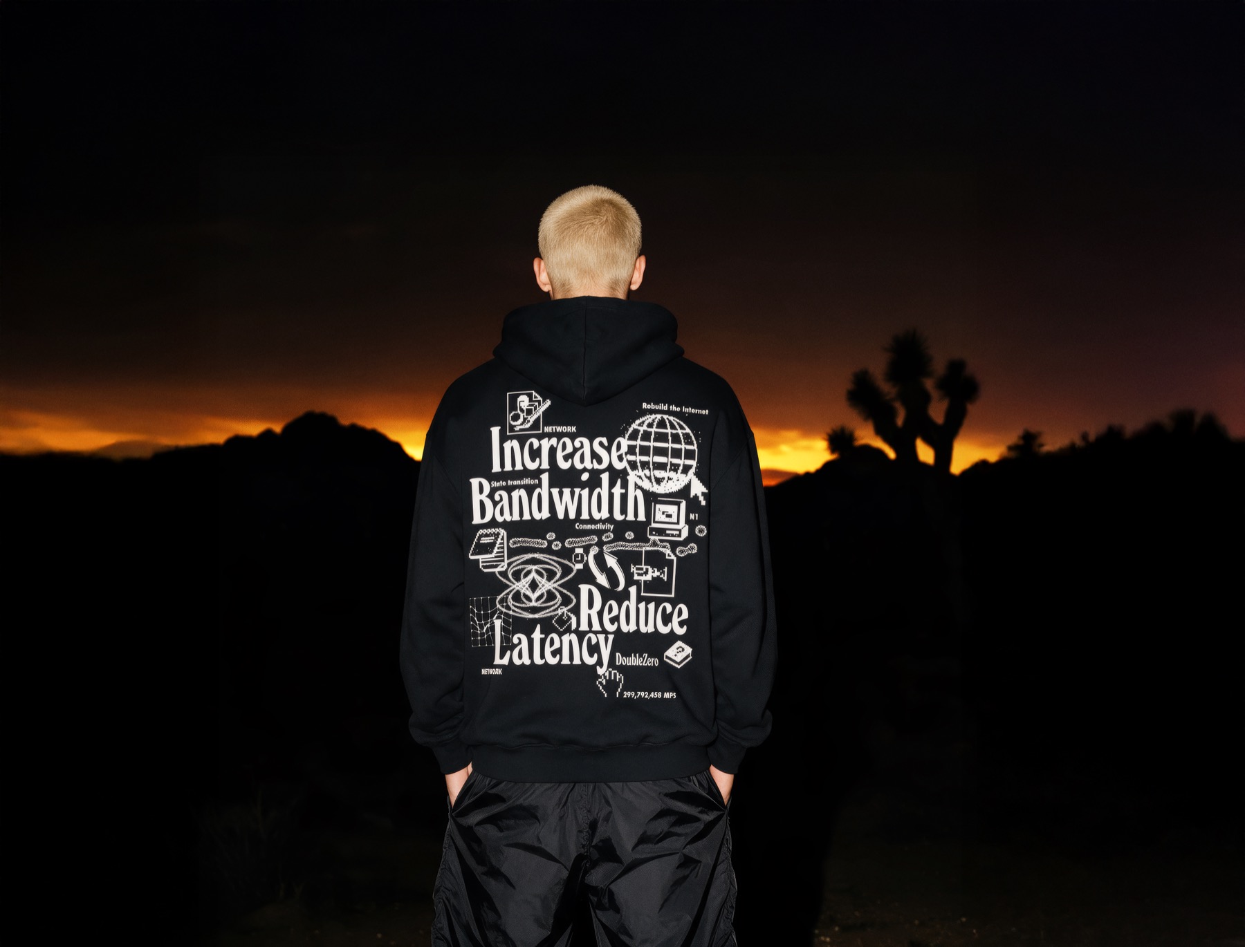 DoubleZero hoodie at sunset